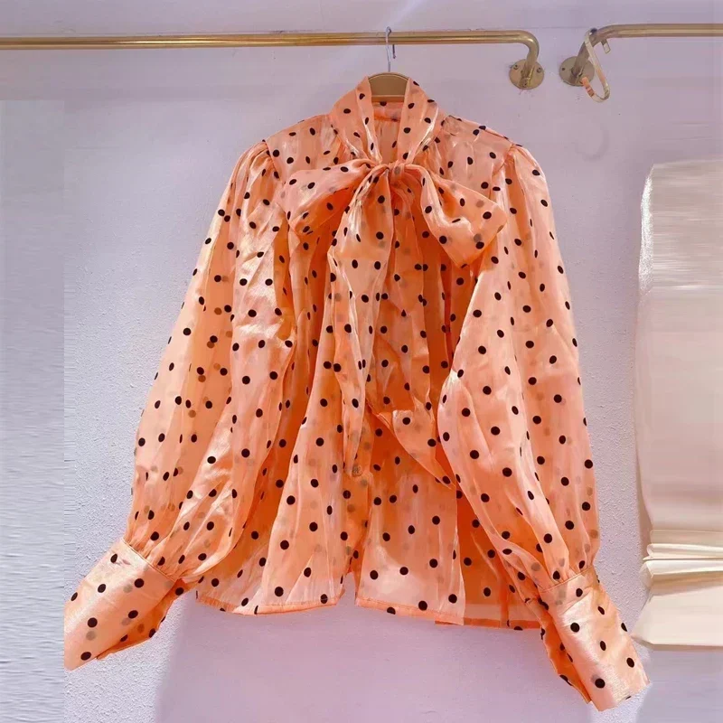 2023 Bow Tie Long Puff Sleeve Shirt Polka Dot Printed Women Office Lady Blouse Loose Tops Autumn New Sweet Clothes Blusas 29920