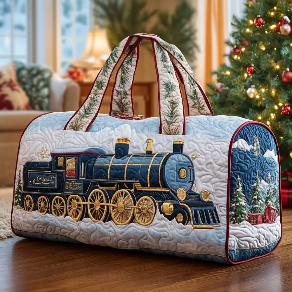 

Vintage Train Printed Quilted Tote Bag Large Car Themed Quilted Duffle Bag for Travel Sport Gym Bag for Overnight, Weekend, Yoga