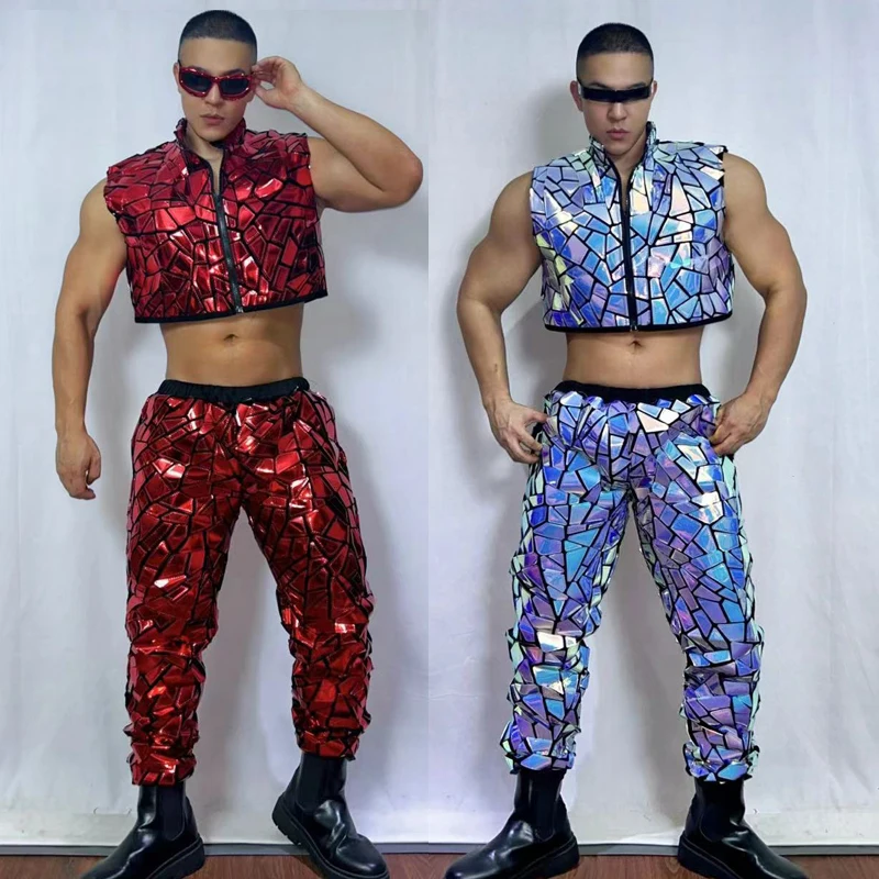 

Muscle Man Colorful Mirrors Pole Dance Clothing Men Sexy Gogo Dancer Costumes Halloween Bar Nightclub Dj Ds Rave Outfit XS8534