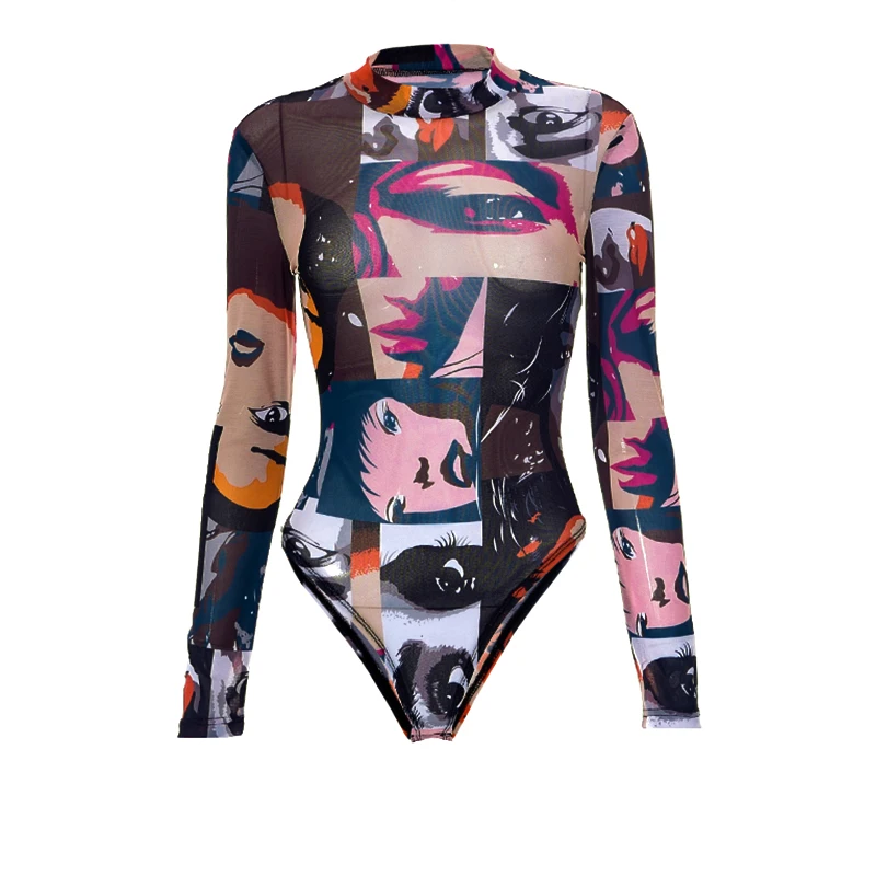 CUTENOVA Fashion Pattern Print Skinny Bodysuits Rompers Female Long Sleeve Oneck Bodysuits High Street Sexy Body