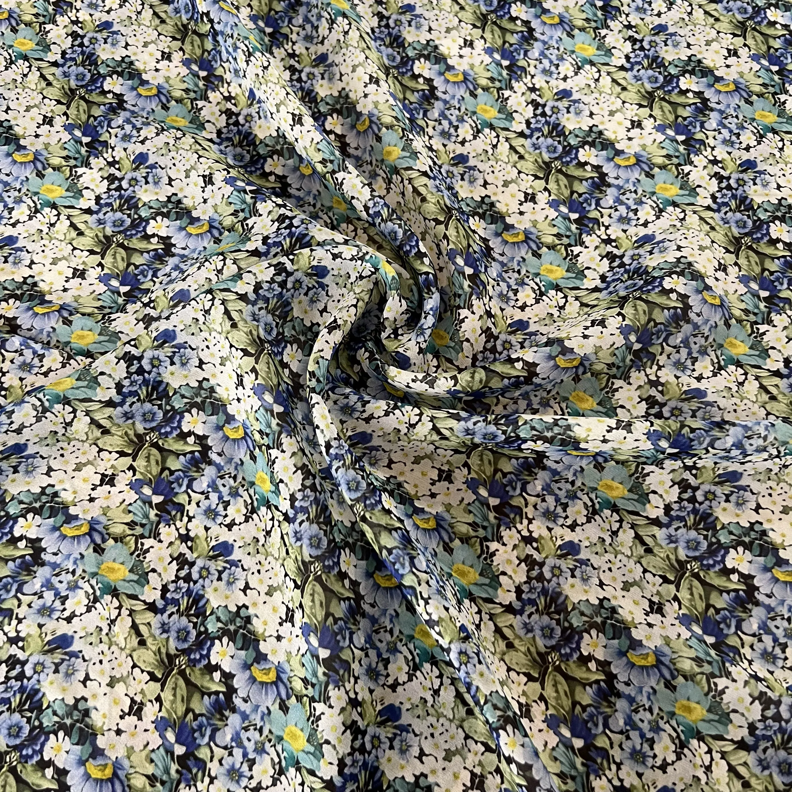 1 meter 100% Mulberry Silk 12 momme Thin Georgette Silk Fabric Blue White Floral Printed 138cm 54