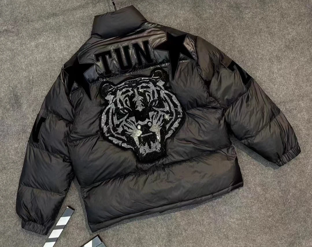 Mode Hübsche Freizeit Vielseitige Lose Hot Diamond Baumwolle gefütterte Jacke Schwarz Herren Stehkragen Warme Langarm Top