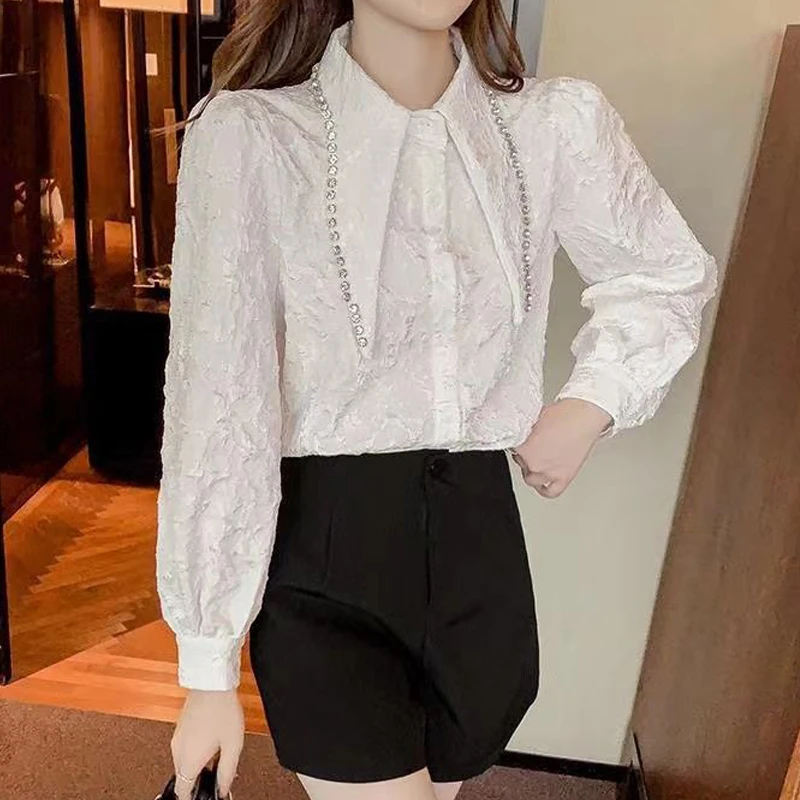 Women Trendy Rhinestone Pointed Collar Designer Shirts Spring Autumn Elegant Black White Blouses Textured Chic Long Sleeve Tops