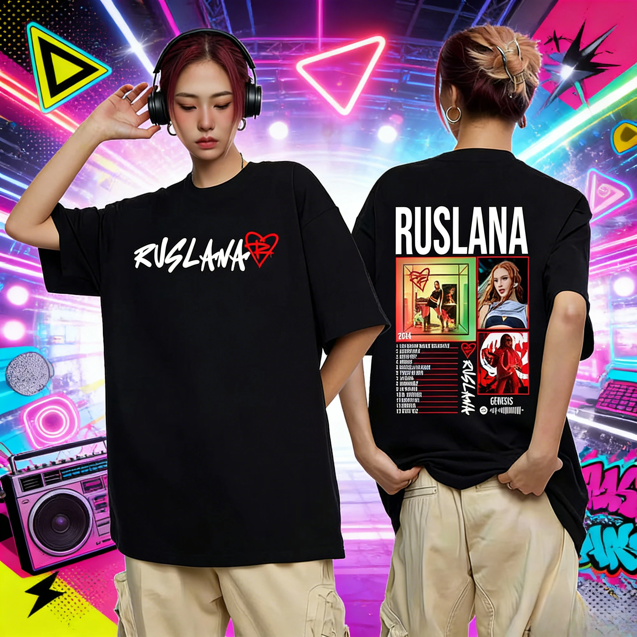

2025-26 Summer Ruslana Genesis Photo Album Printed T-shirt Men's Hip-hop Retro Cotton Short-sleeved Loose Casual Shirt
