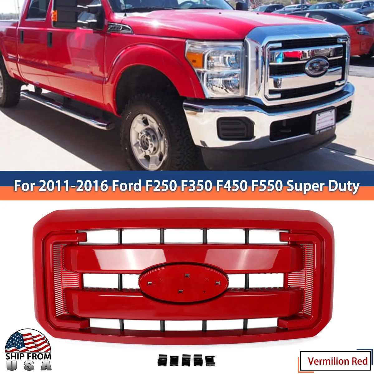 Modified for F250 For 2011 2012 2013 2014 2015 2016 F250 F350 F450 F550 Super Duty Front Bumper Grille Vermilion Red E4 Magickit