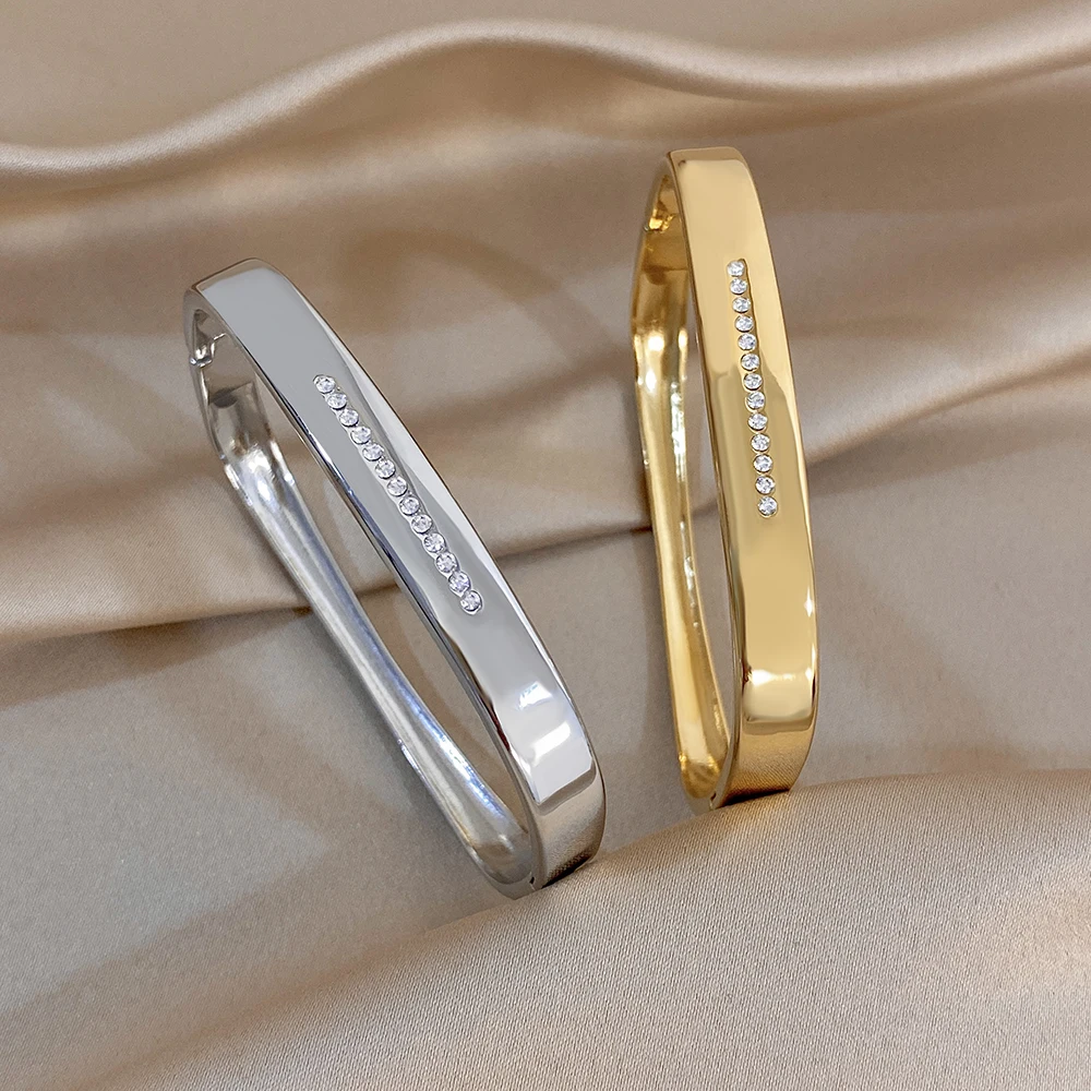 Minimalist Smooth Stainless Steel Bangle Bracelet Women Trendy Inlaid Zirconia Geometric Cuff Spring Bangle Waterproof Jewelry