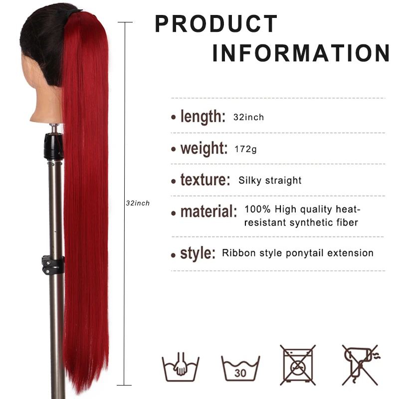 Tie Style Ponytail Extension Straight Ponytail 32 Inch Synthetic Hair Piece, Suitable 's Heat-Resistant (Red)