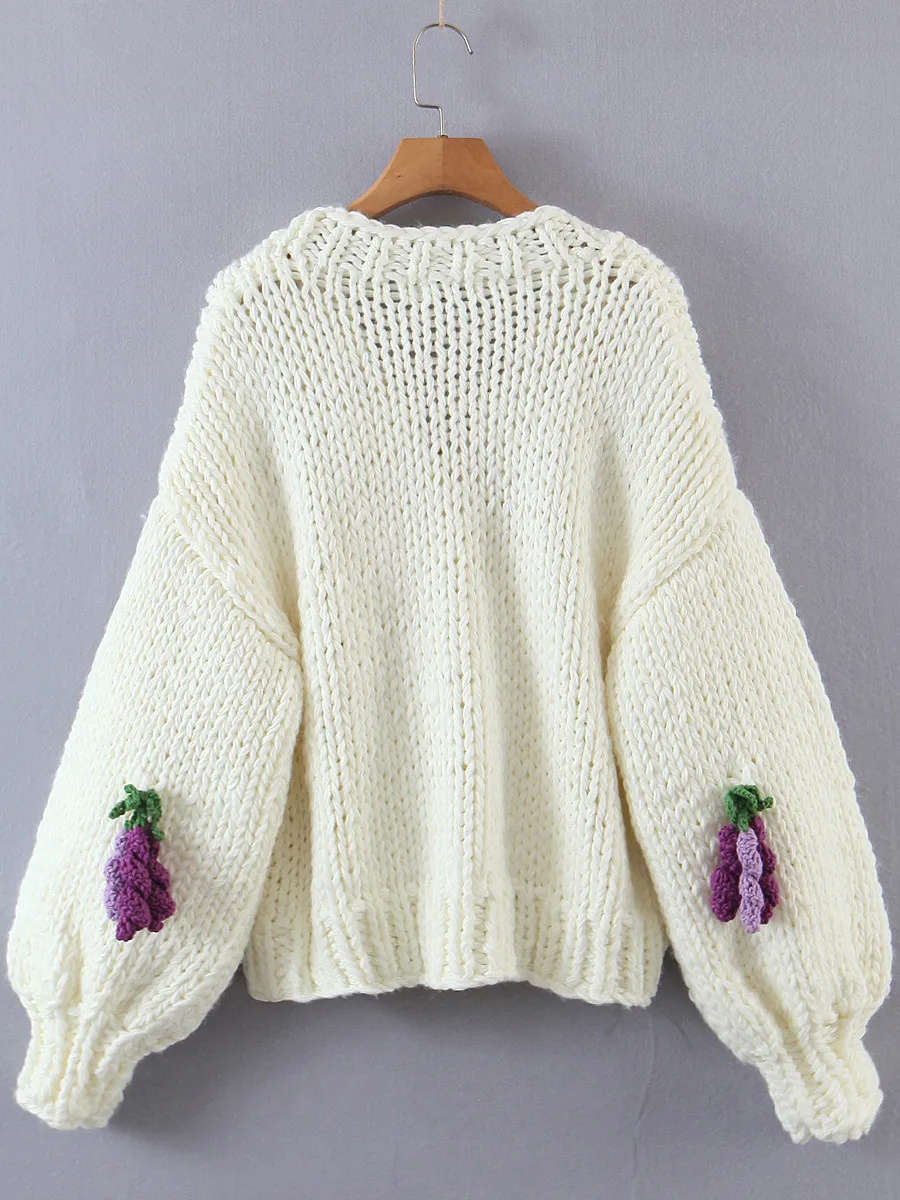 2022 Retro Hand Made Crochet 3D Fruit Ball Cardigan Woman V neck Long sleeve Knitting Coarse Sweater Knitwear Jumper Purple