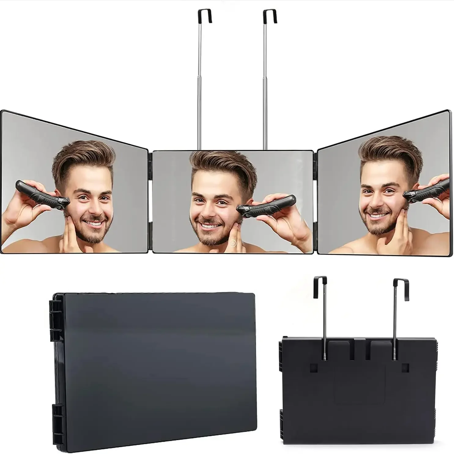 Espelho dobrável de 3 vias para corte de cabelo, espelho triplo 360 com ganchos telescópicos ajustáveis em altura para maquiagem e estilo de cabelo