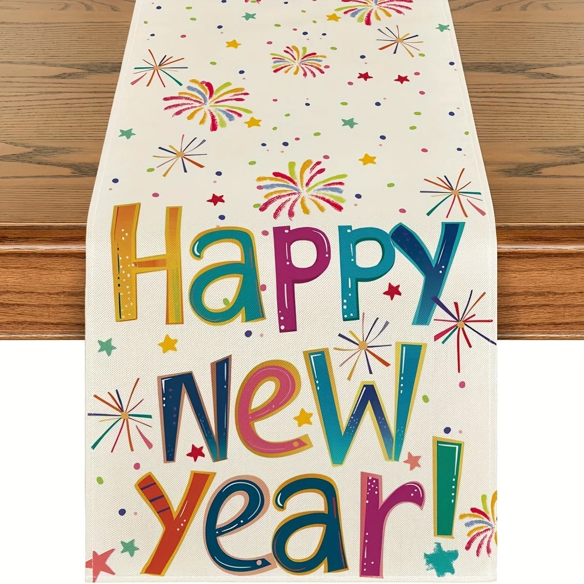 Frohes Neues Jahr, Feuerwerk, bedruckter Tischläufer, 2D-Flachdruck, bunt, festliche Heimdekoration, Neujahr, Esstischdekoration, lebendig