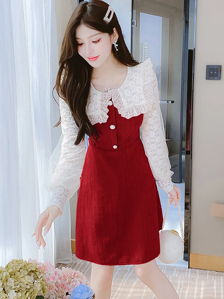 Imagem -05 - Patchwork Feminino Vestido Kawaii com Colarinho de Boneca Vestido Midi Vestido Coreano de Festa Bodycon Rosa Elegante Outono Inverno Novo 2023