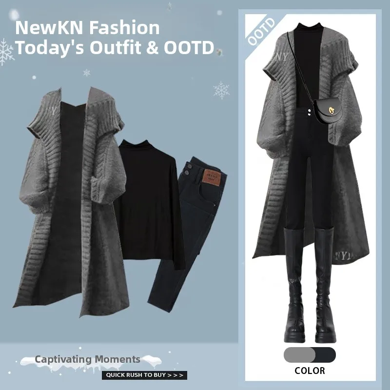 

Loose Knitted Outerwear Bot Set for Women plus Size Casual Faion Tee Piece Suit with T-irt Jeans Long Sve Polyester