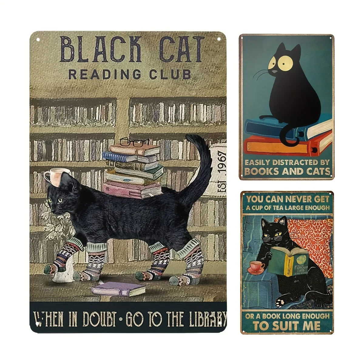 Black Cat Reading Club When in Doubt Go To The Library Metal Sign Vintage Black Cat Tea and Book Lover By Books Retro Wall Decor