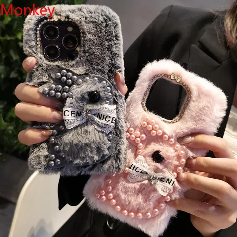 Luxury Diamond Pearl Fluffy Plush 3D Rabbit Phone Case For iPhone 16 Pro Max Case 15 14 Plus 13 12 11 X XS XR Soft Silicone Case