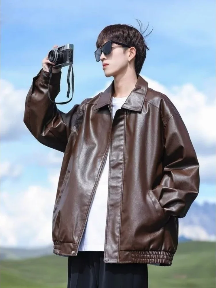 

Streetwear PU Leather Jacket with Snap Lapels Oversized Retro Motorcycle Coat for Men Women Autumn Winter Outfits​
