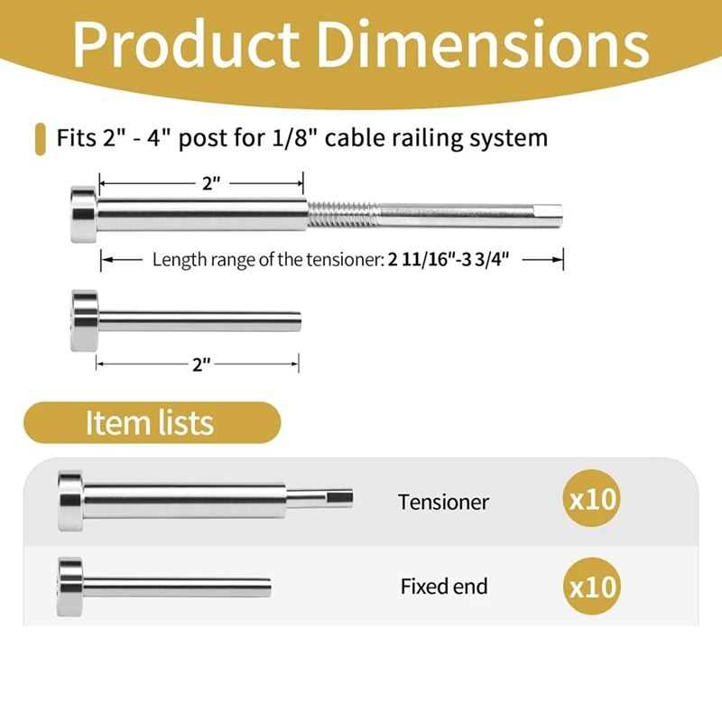 10 paia Kit di ringhiere per cavi invisibili da 1/8 pollici tenditore e estremità del perno in acciaio inossidabile T316 per pali in legno e metallo da 2 pollici