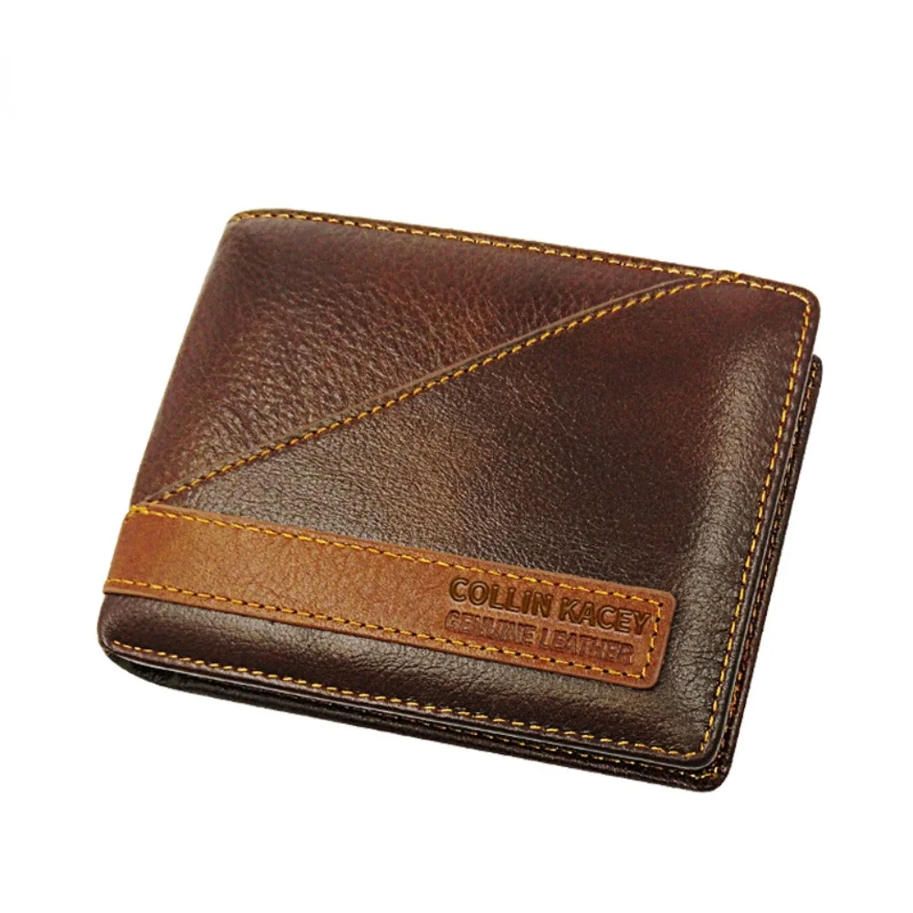 Genuine Leather Men Wallet Short Busniess Small Trifold Wallet Card Holder Stitching Male Purse Money Bag Portomonee Carteria