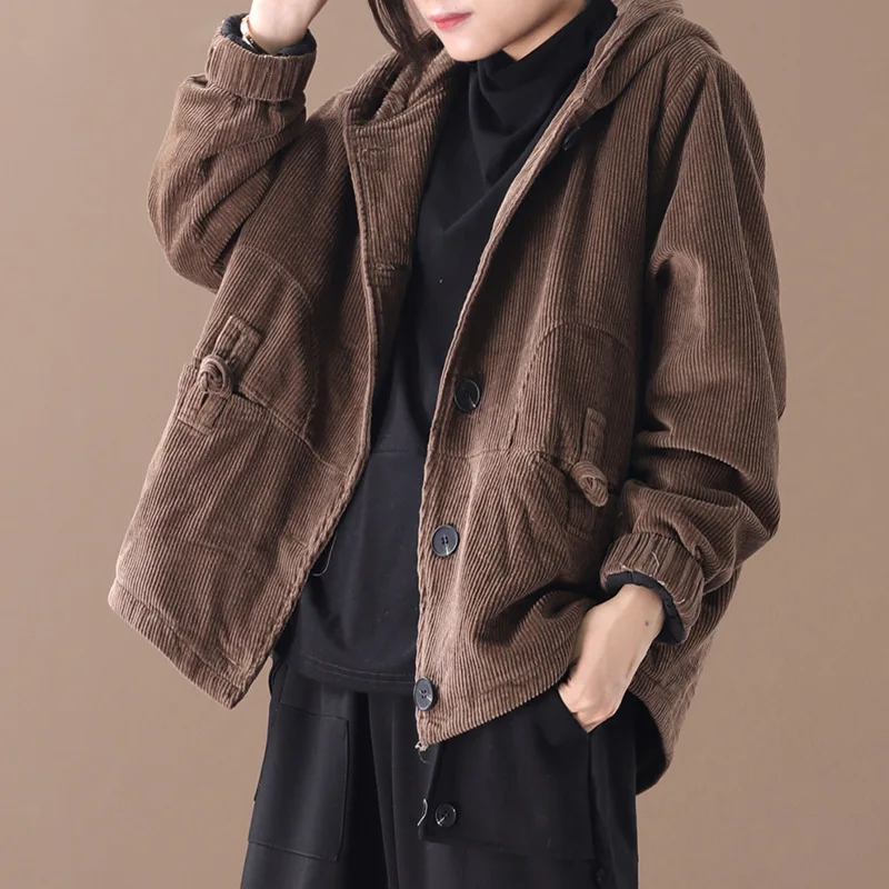 loose plus size literature and art retro hooded buckle corduroy cotton-padded jacket