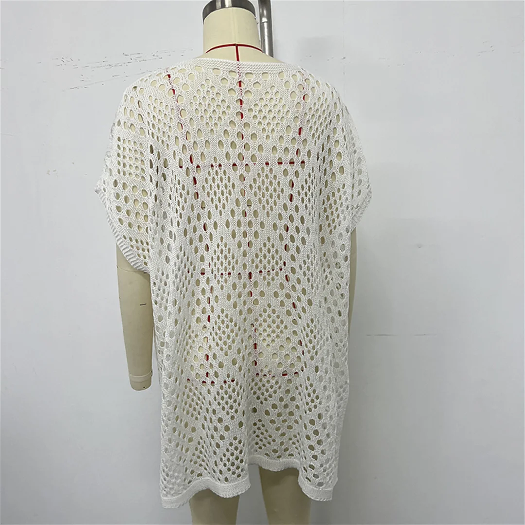 Kurzarm-Tunika mit Aushöhlungen, einfarbig, gehäkelt, gestrickt, Strand-Cover-up, Strandkleid, Strandmode, Damen V8535 – Detail 14