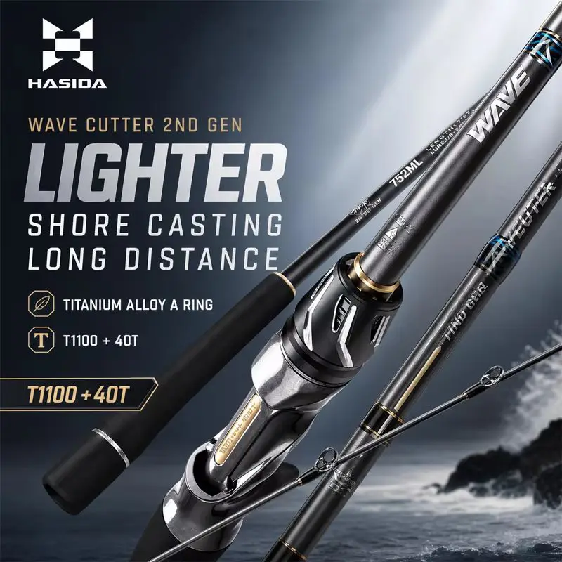 Canne à pêche HASIDA Wave Cutter Super Long Cast Lure Rod T1100 40t en fibre de carbone haute performance, manche spinning pour lancer depuis le rivage, pour la pêche au bar et au brochet.