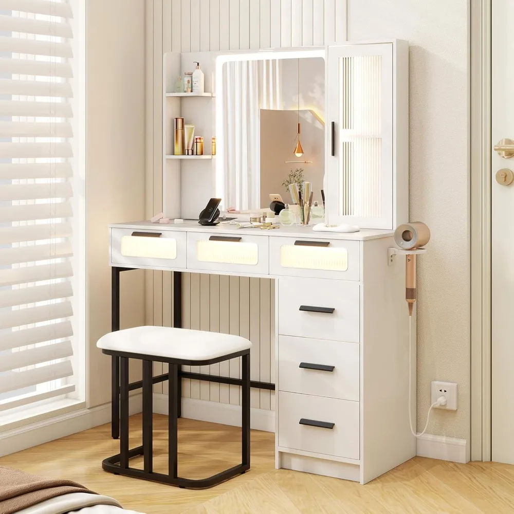 

Vanity Desk with Mirror & Induction Lighting, Bedroom Vanity Set with 3-Color Lighting Modes, Charging Station