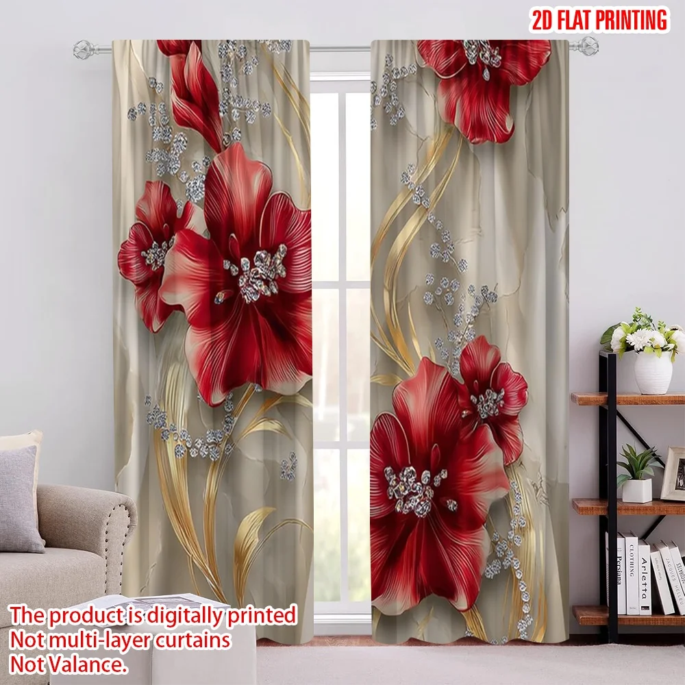 2 قطعة ستائر مطبوعة مسطحة ثنائية الأبعاد أنيقة منقوشة بالزهور الحمراء ستائر بوليستر مطبوعة رقمية زينة للعطلات تستخدم للحدث