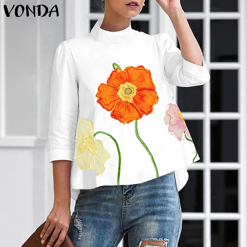 

Блузка VONDA больших размеров 5XL с цветочным принтом, женская, с рукавом 3/4, повседневная летняя рубашка, элегантная офисная туника, топ с воротником-стойкой