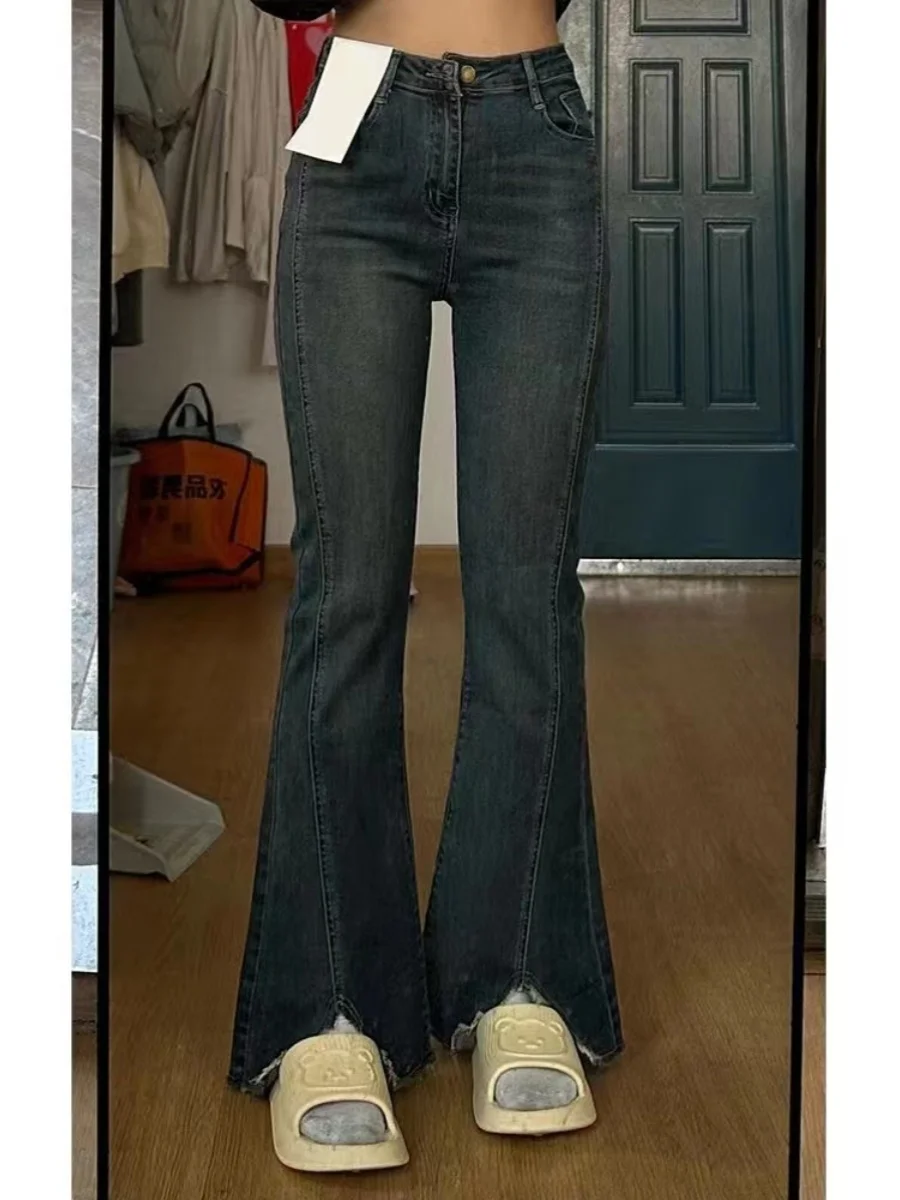 Retro American High Waist Bell Bottom Jeans Women's Autumn Winter plus Size Slimming Split Long Trousers Straight Leg Jeans