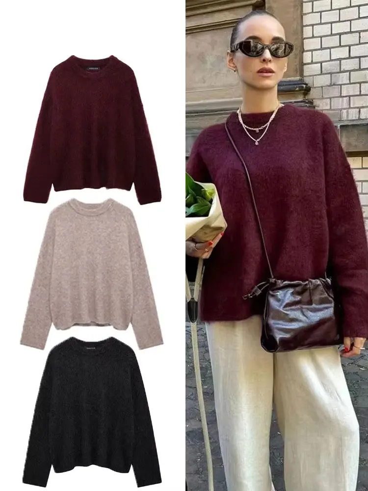 

HH Vintage Red O-Neck Sweater Pullover For Women Casual Long Sleeved Loose Knitwear 2024 New Autumn Female High Streetwear
