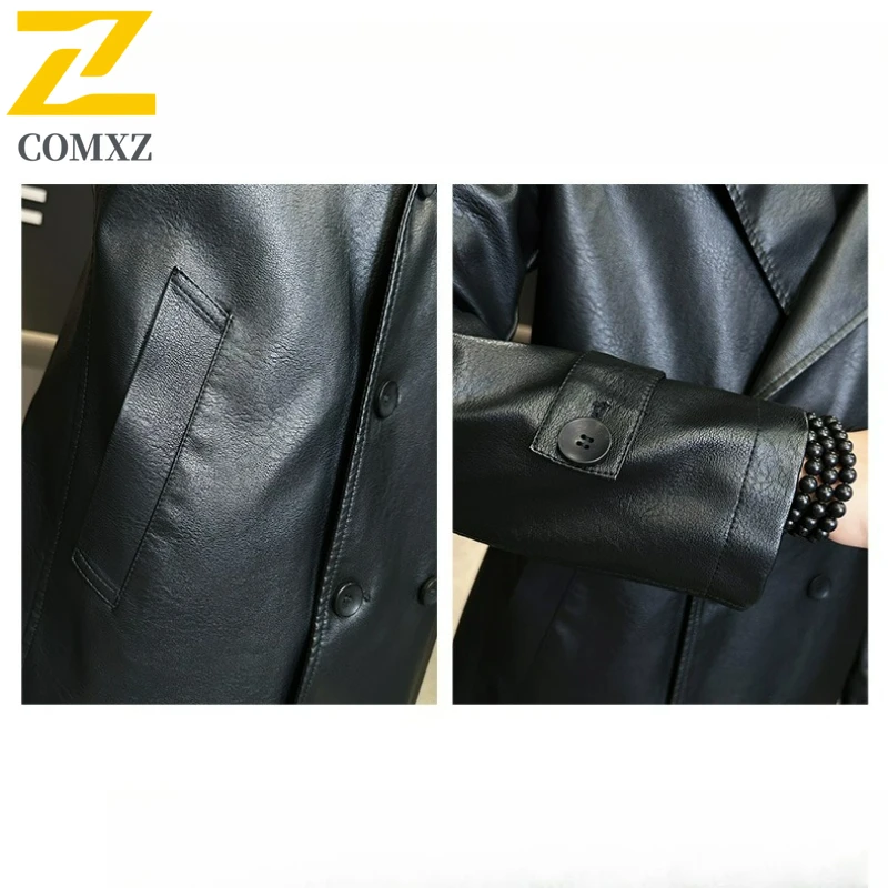COMXZ جديد رجل سترة جلدية جديد الحد الأدنى العصرية السفر الجلود خندق معطف منتصف طول الأعمال ملابس خارجية قسط غير رسمية #4