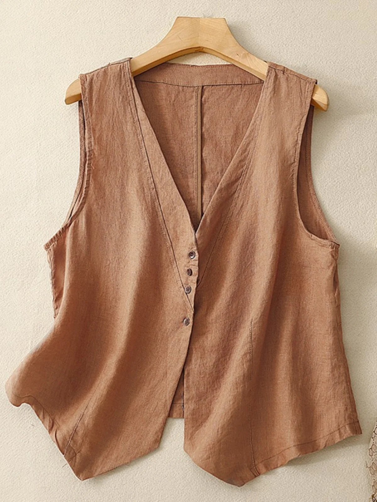 

Retro Linen Sleeveless Vest Women Summer Loose Layering Thin Cotton Linen V-neck Open Cardigan Top Button Detail Regular Length