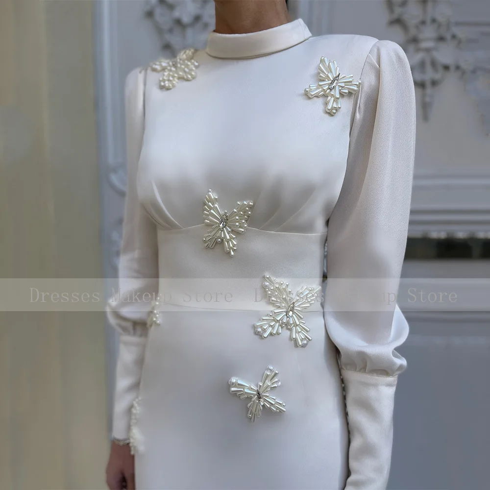 Customized Luxury Prom Dress Mermaid High Collar Long Sleeves Tea Length Women's Prom Gowns Midi Pearls Trumpet Party Dresses image 2