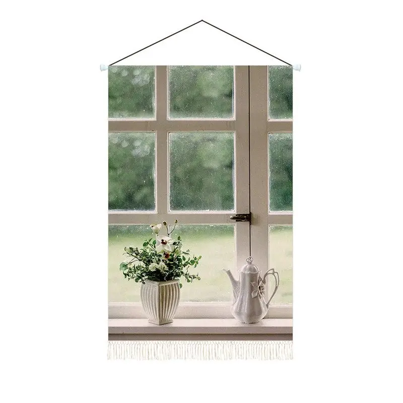 Fake Window Mountain View Tapestry Wall Hanging Nature Scenery Floral Landscape Art Tapestry for Bedroom Dorm Home Wall Decor