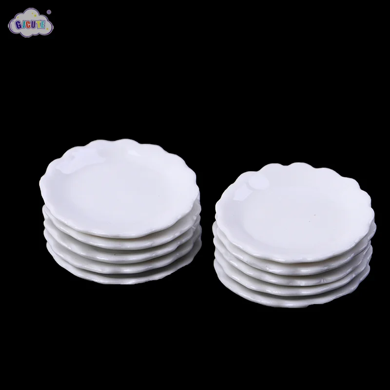 2Pcs 1:12 Dollhouse Miniature Ceramic Plate Dessert Lace Dish Tableware Simulation Kitchen Dish Model Toys For Doll House Decor