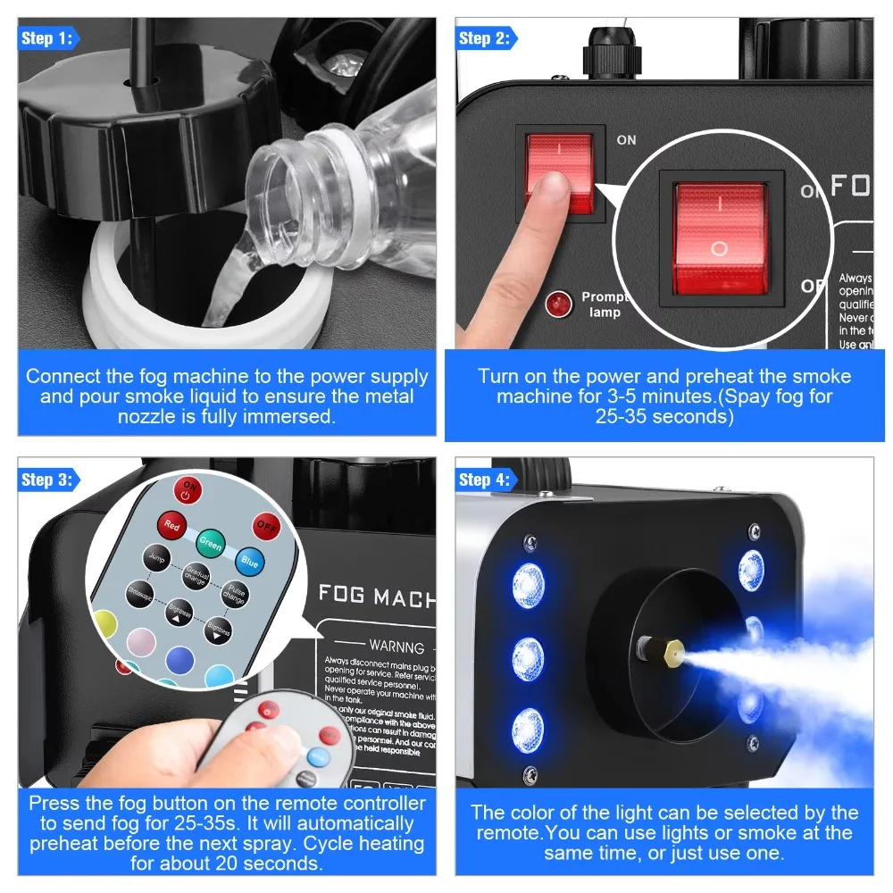 1200W RGB 6LEDs Smoke Machine, Remote Control Stage Fog Haze Generator for Disco Party Nightclub Wedding
