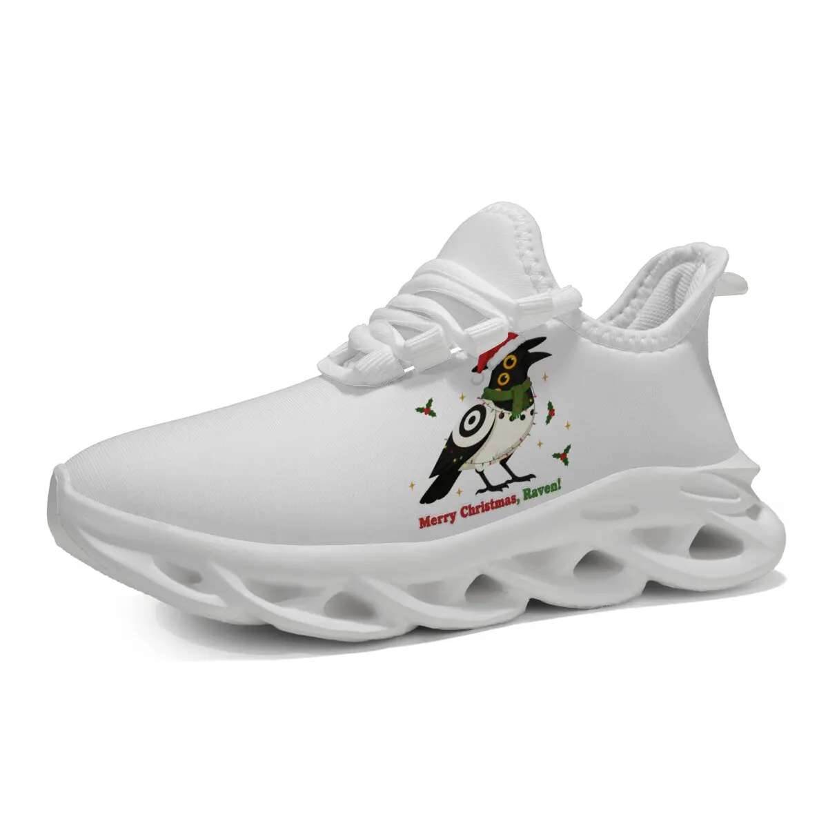 

Белые рождественские кроссовки с принтом Raven Merry Christmas и шляпой Санта-Клауса, шарфом, рождественскими огнями и кроссовками Holly для мальчиков и детей
