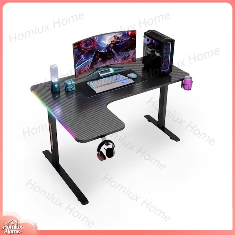 Large L-Shaped RGB LED Gaming Desk Adjustable Height White Modern PC Computer Table for Esports Setup Ergonomic Office Desk