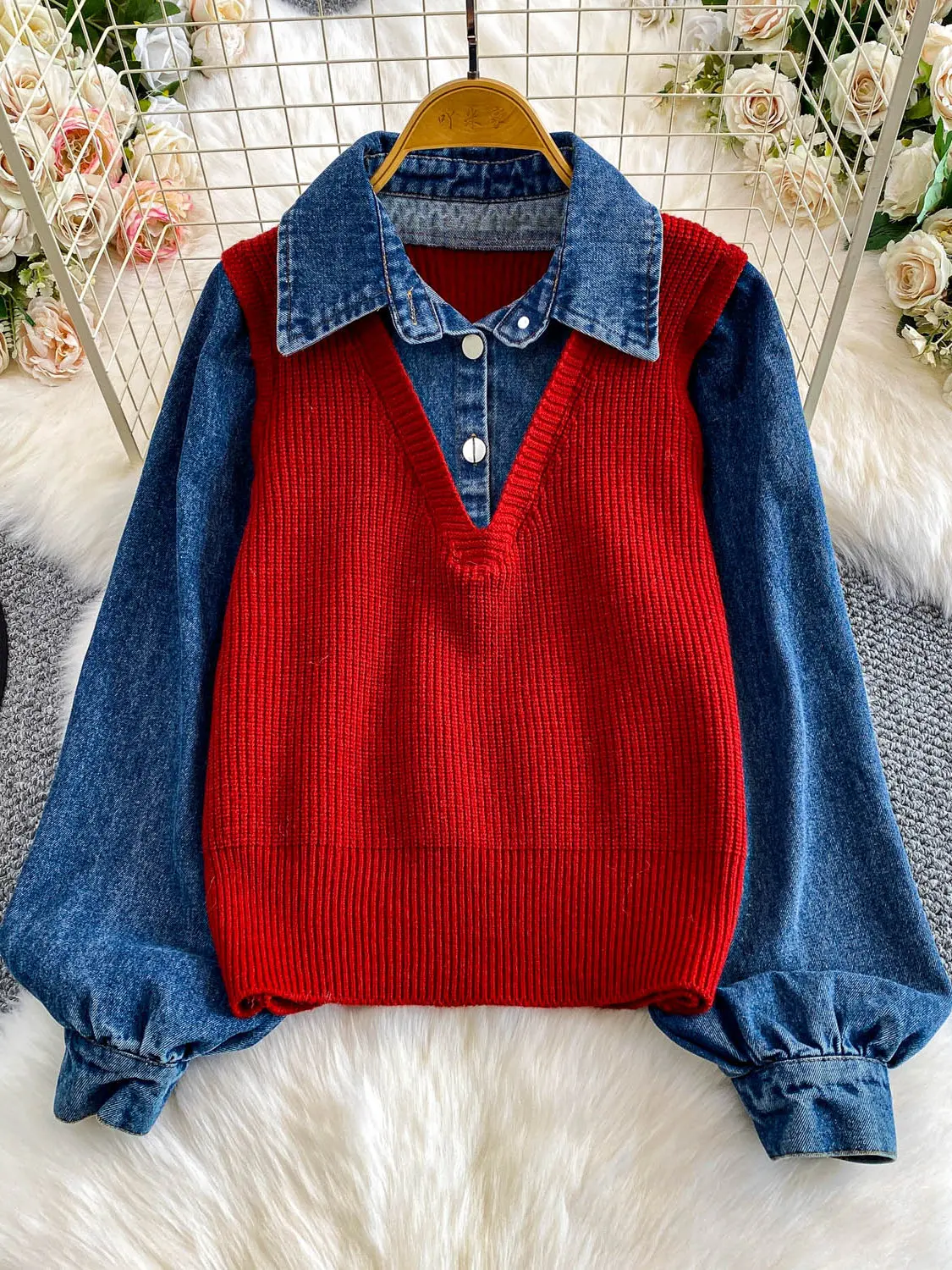 

Retro American Knitted Denim Collar irt Women's Autumn Winter Slimming Overhead Top Fake Two-Piece Loose Fit Long Sve