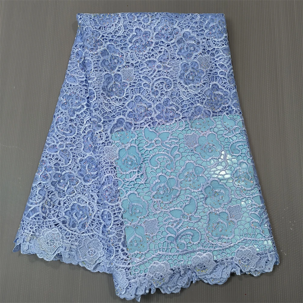 Cavo di organza blu royal pizzo africano ricamo guipure di alta qualità pizzo francese con pietre abito da festa da donna da 5 metri