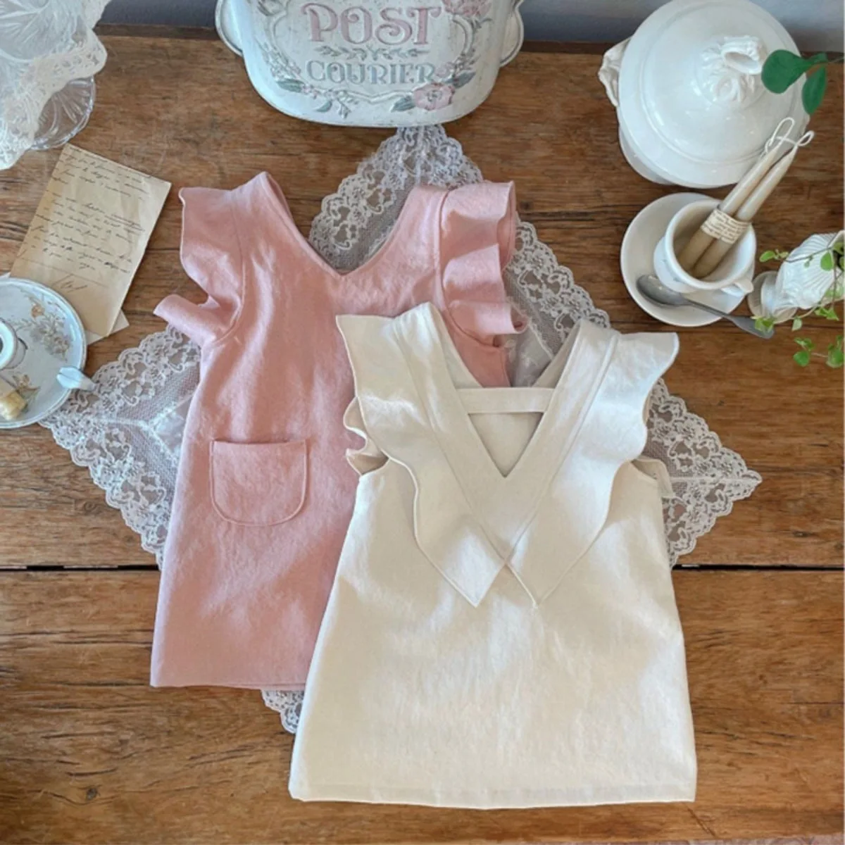 Girls Casual Dresses Autumn Baby Cotton Pocket V Neck Lotus Leaf Sleeve Vest Sleeveless Long Soild Simple Lovely Sweet