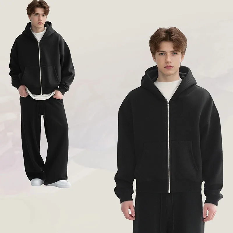 New men's double zipper hooded sweatshirt sweatpants unisex loose basic hooded sweatshirt jacket winter pants two-piece set