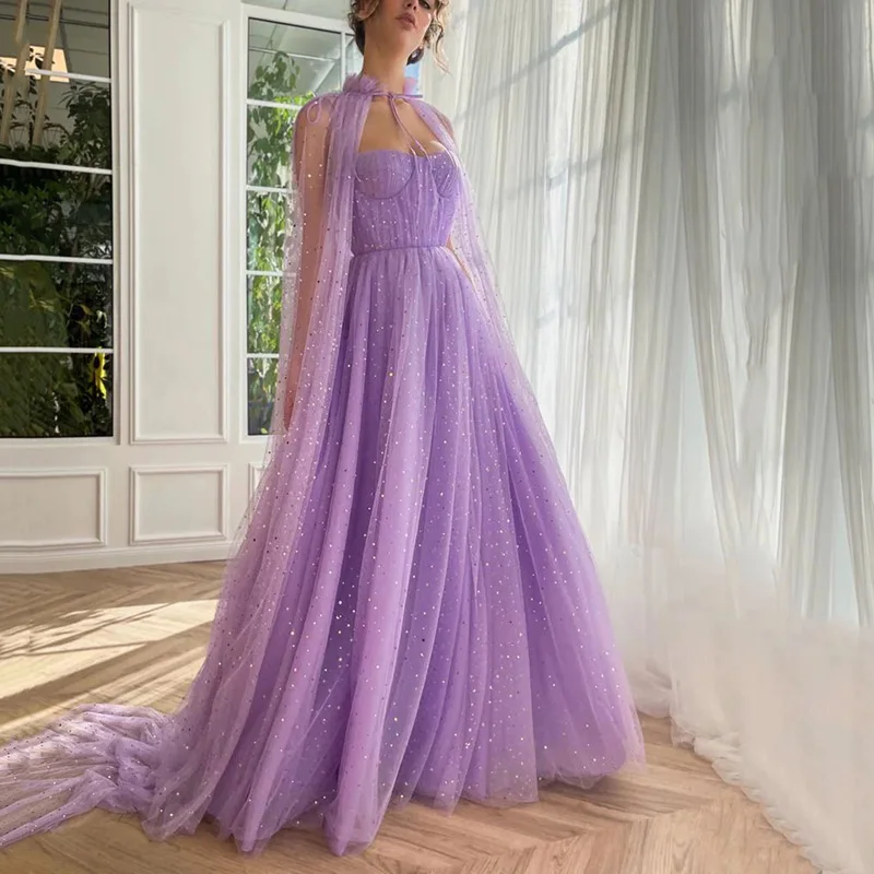 Elegant Lilac Two Pieces Evening Dress Shiny Tulle Party Gown With Cloak Long Prom  Special Occasions  Robe Customize