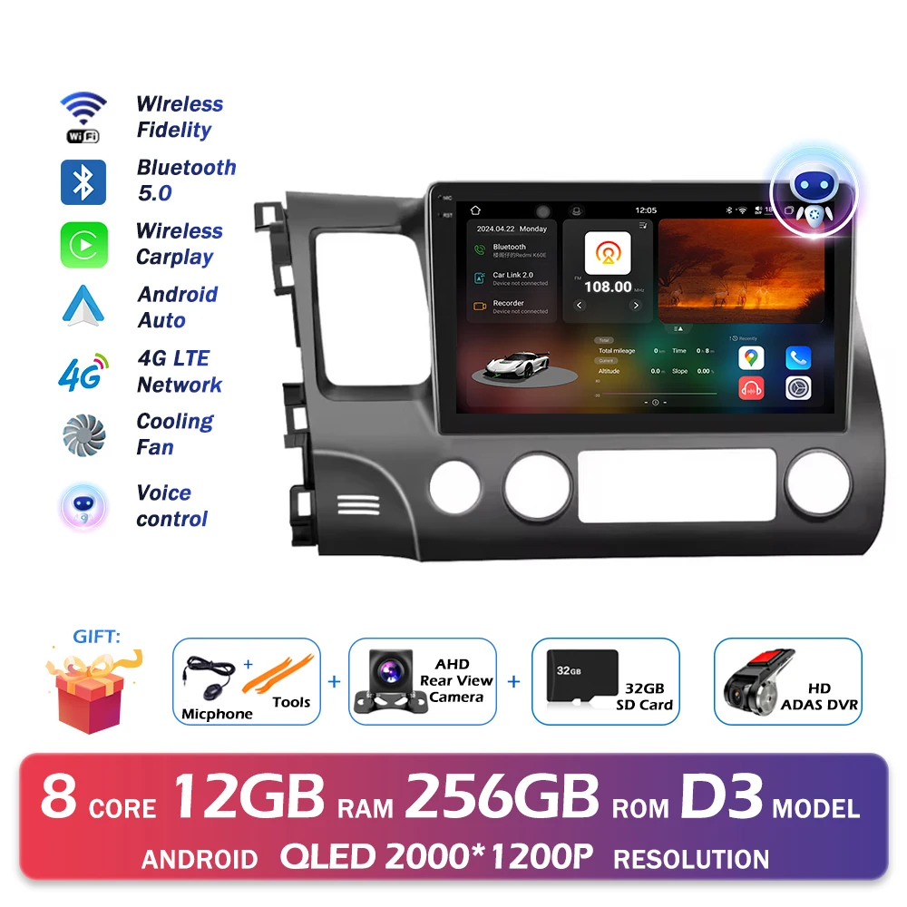 Android 16 Bluetooth Voor Honda Civic 2006-2011 Autoradio Intelligente Multimedia Speler Auto Draadloze CarPlay WIFI 4G DSP GPS
