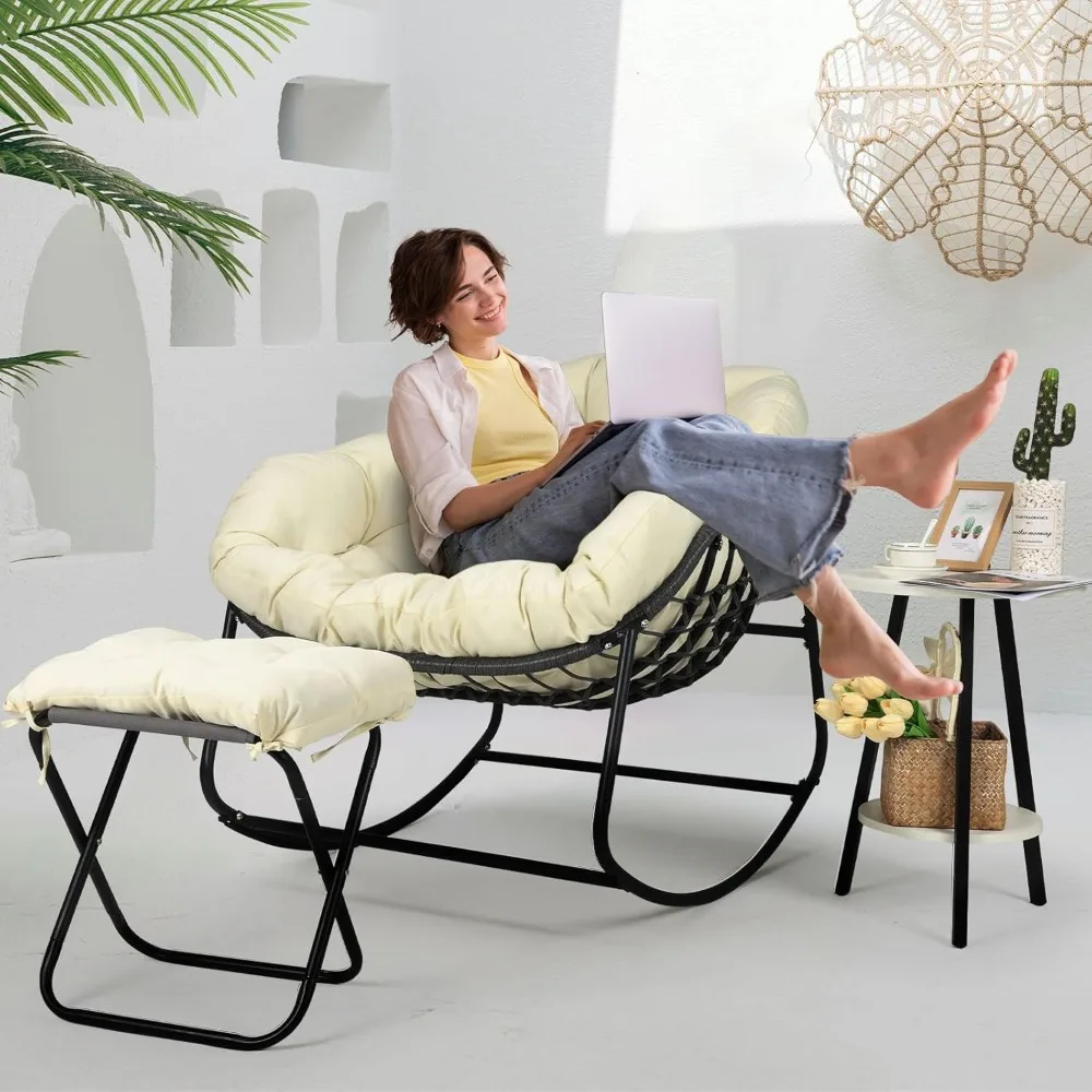 

Outdoor Rocking Chair, Oversized Patio Papasan Rocking Chair with Cushion, Ottomans, Side Table, Large Egg Royal Rocking Lounge