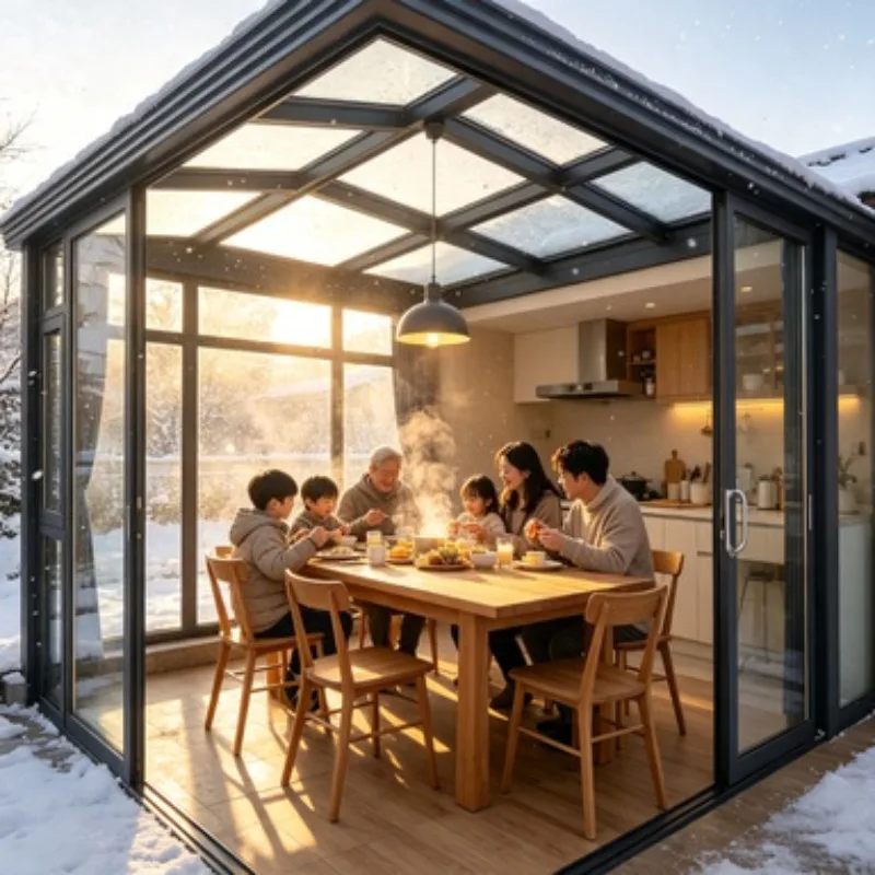 For Balcony Terrace Aluminum Sunroom Glass House Retractable Conservatory Waterproof Glass Room with Flat Roof Design