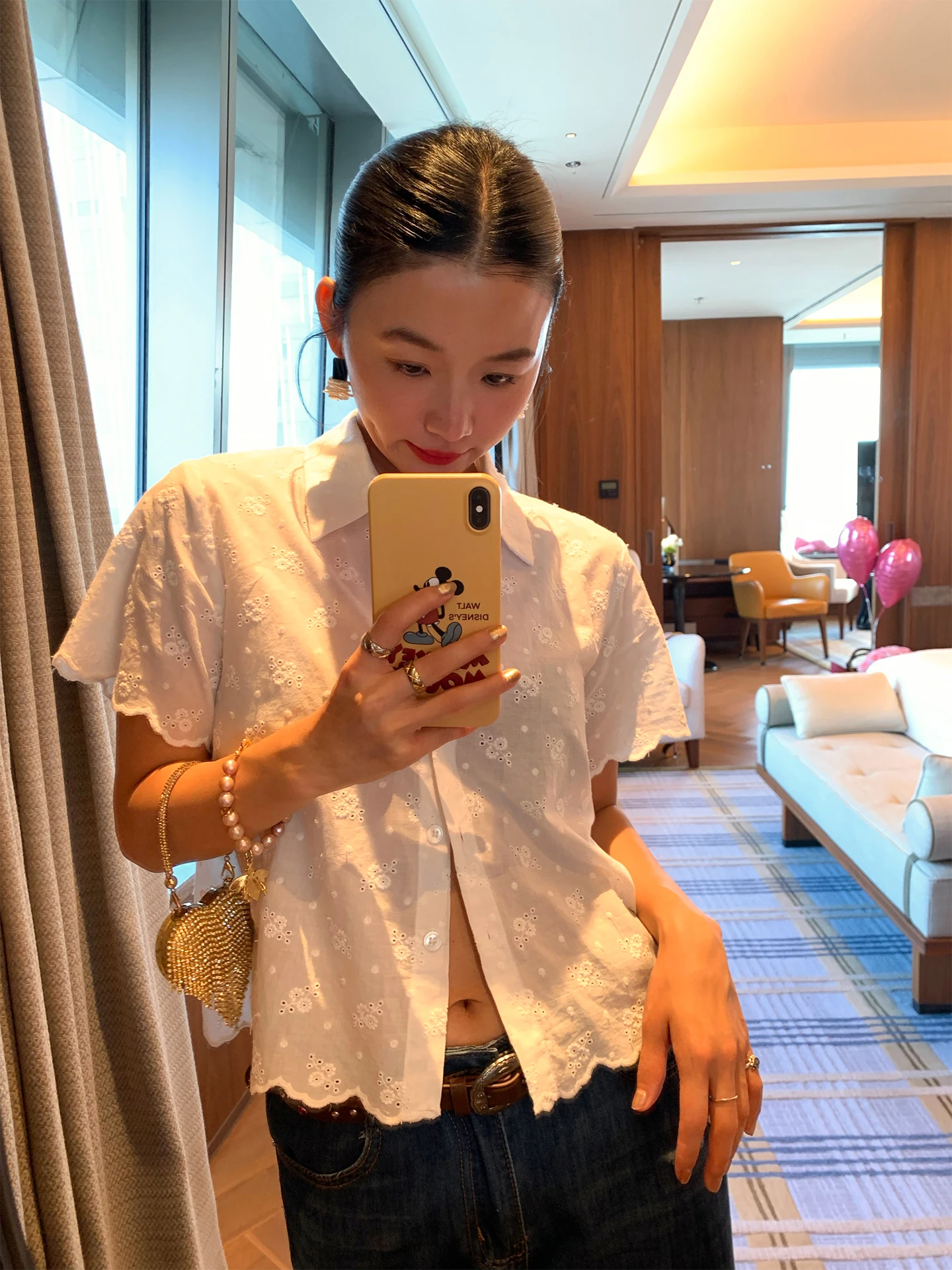 

White Embroidered Hollow out Short Sleeve Shirt Women's Commute Style Breathable Cotton Korean Loose Fit Summer Top