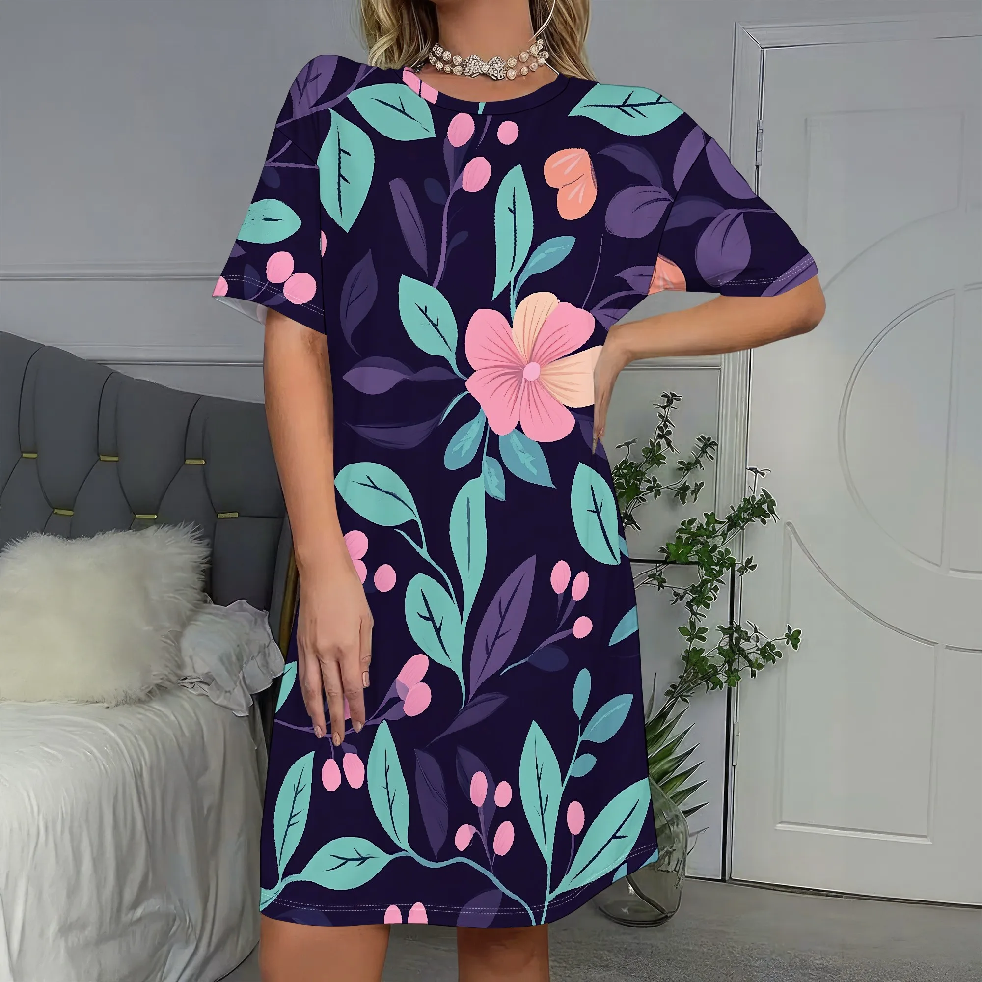 

Floral, Summer Dress, Botanical Print Casual Wear, Pink Flower Tunic Style, Navy Blue Vacation Outfit, Women's Fashion, S-2XL