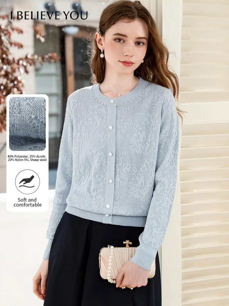 

I BELIEVE YOU Blue Jacquard Wool Knitted Cardigan 2025 Autumn Elegant O-neck with Pearl Embellishment Chic Cardigans 2253146080