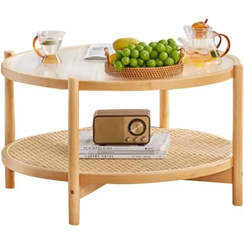 

Rattan Coffee Table, Large Round End Table, Modern Side Table, Living Room Side Table, Glass Sofa End Table