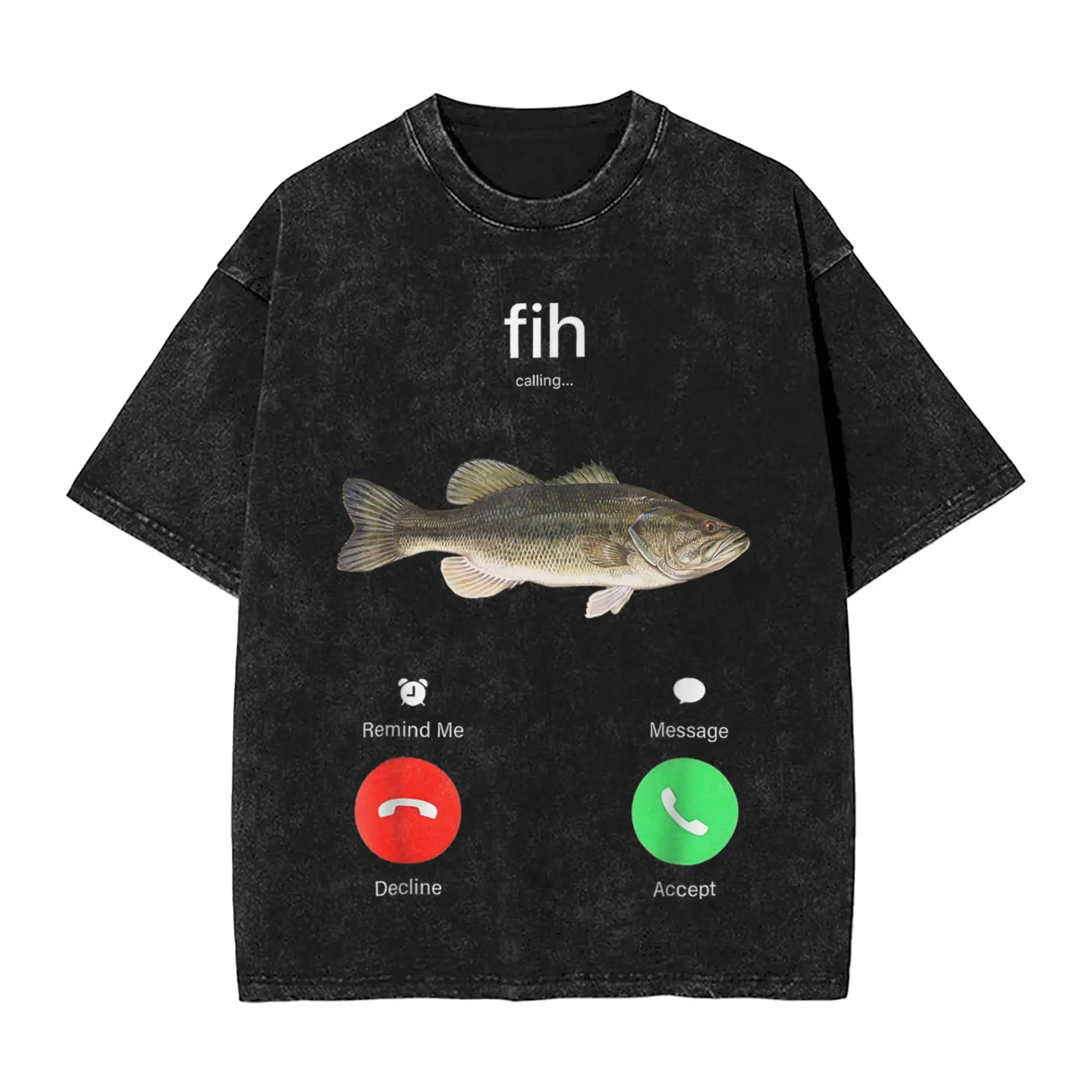 Oversized Washed T-Shirt Fih Calling Remind Me Message Decline Accept Phone Call Fish Meme Simple T-Shirts  Popular Tee Shirt